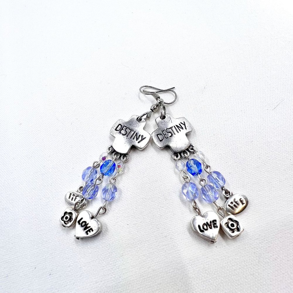 Up-Cycled - Antiqued Silver Tone “Destiny” Blue Beaded Dangle Fishhook Earrings